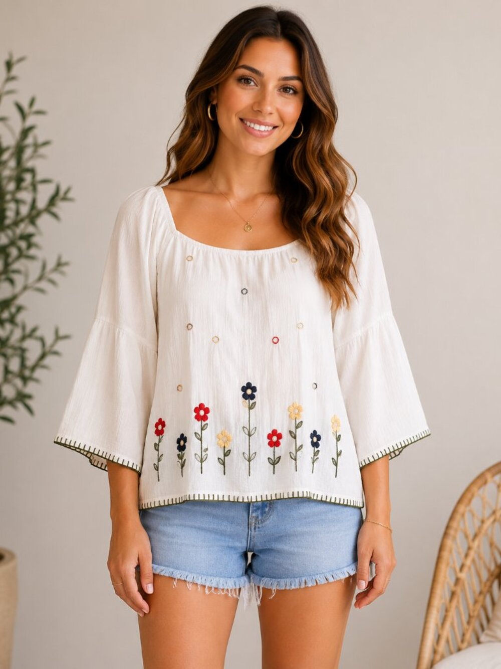 Boho Embroidered Cotton Peasant Blouse Bell Sleeve White Floral Mirror Top Size
